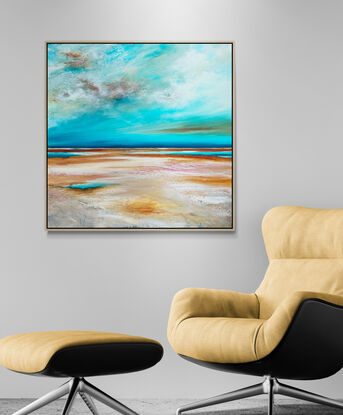 Colourful Textured abstract landscape with a vivid teal ocean in the distance  with wispy blue and ochre clouds above.