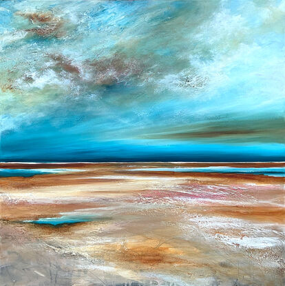 Colourful Textured abstract landscape with a vivid teal ocean in the distance  with wispy blue and ochre clouds above.