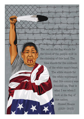 A native American activist with her fist pumped up and draped in upside down USA flag.