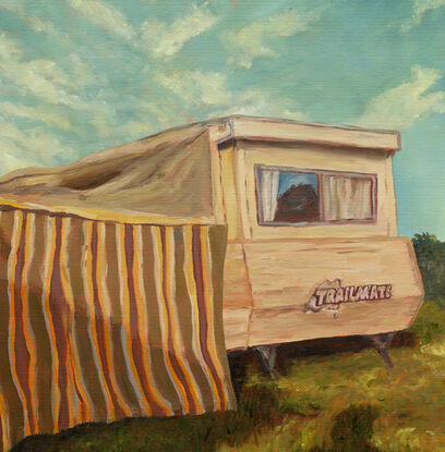 The old 80's trailmate caravan with Retro Annex, sitting on a hill on a sunny day.