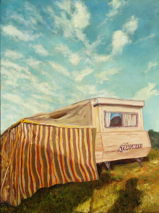 The old 80's trailmate caravan with Retro Annex, sitting on a hill on a sunny day.