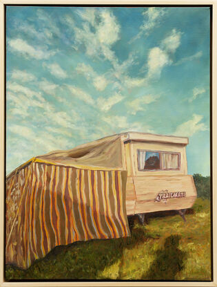 The old 80's trailmate caravan with Retro Annex, sitting on a hill on a sunny day.