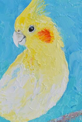 Oil painting portrait of a pet Cockatiel Parrot. This medium sized bird is bright yellow with a yellow crest and orange spot on his face. The background is textured blue.