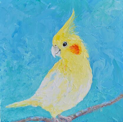 Oil painting portrait of a pet Cockatiel Parrot. This medium sized bird is bright yellow with a yellow crest and orange spot on his face. The background is textured blue.