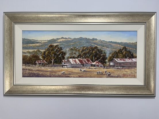 Sheep grazing by shearing sheds with trees and background hills and birds.