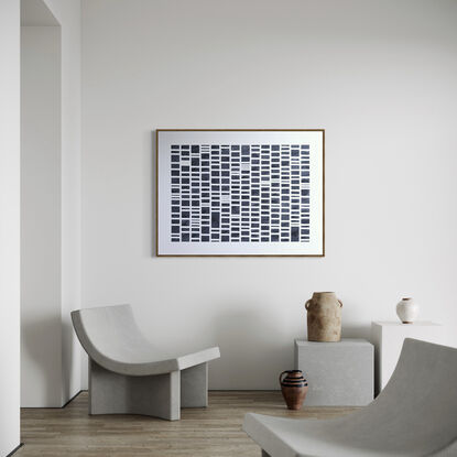 A grid of rectangles of different sizes formed in textured modelling paste with acrylic paint (black/slate) set against a neutral background of off white.