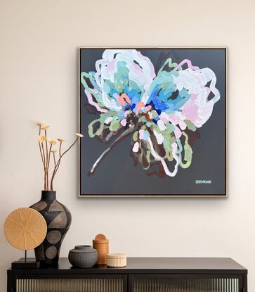 Square canvas, Modern floral in blues, cream, orange, peach, lilac, greens and earthy tones with chunky paint and textural brushstrokes.