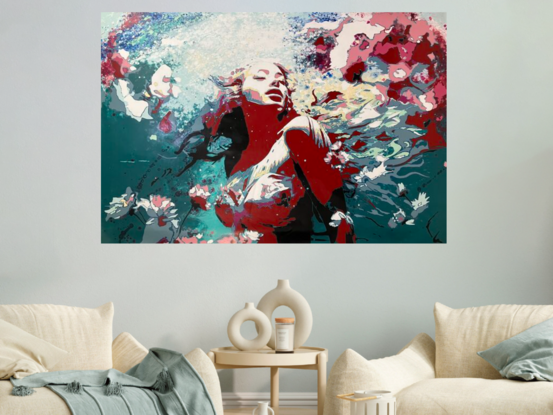 A woman underwater with long hair and flowers swirling around her conveys a sense of freedom.