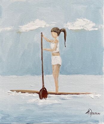 Coastal figurative painting featuring a girl on her paddle board.