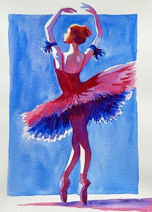 "Grace in Motion" by Christine Beard is a captivating watercolor artwork that celebrates the elegance and poise of a ballerina. The painting features a dancer in an exquisite pose, her form accentuated by the vibrant contrast of rich reds and deep blues. The fluidity of her movement is beautifully captured in the flowing lines of her tutu, highlighting the grace and strength required in ballet. This piece is a stunning tribute to the art of dance, offering viewers a glimpse into the world of classical ballet with a contemporary artistic twist. Perfect for lovers of performing arts and collectors of dynamic, expressive art.




