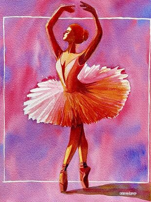 "En Pointe Serenade" by Christine Beard beautifully captures the elegance and grace of a ballerina in a stunning watercolor portrait. The piece exudes the delicate poise of the dancer, with her figure poised in an exquisite en pointe pose, accentuated by a vibrant background of soft pinks and purples. This artwork is a celebration of classical dance, showcasing the refined beauty and expressive movement of ballet in a contemporary artistic style. Perfect for dance enthusiasts and art collectors alike, this piece radiates the timeless elegance of the performing arts.





