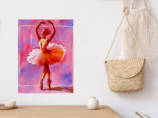 "En Pointe Serenade" by Christine Beard beautifully captures the elegance and grace of a ballerina in a stunning watercolor portrait. The piece exudes the delicate poise of the dancer, with her figure poised in an exquisite en pointe pose, accentuated by a vibrant background of soft pinks and purples. This artwork is a celebration of classical dance, showcasing the refined beauty and expressive movement of ballet in a contemporary artistic style. Perfect for dance enthusiasts and art collectors alike, this piece radiates the timeless elegance of the performing arts.





