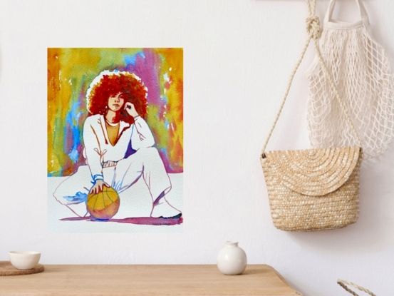 "Effortless Swagger" by Christine Beard captures the cool confidence of youth with a vibrant and bold portrait. This watercolor painting blends contemporary style with artistic expression, highlighting the subject's relaxed pose with a basketball, set against a dynamic background of bright colors. The piece radiates an urban vibe and a sense of modern, fashionable energy, making it a striking addition to any collection focused on contemporary culture and youth expression.




