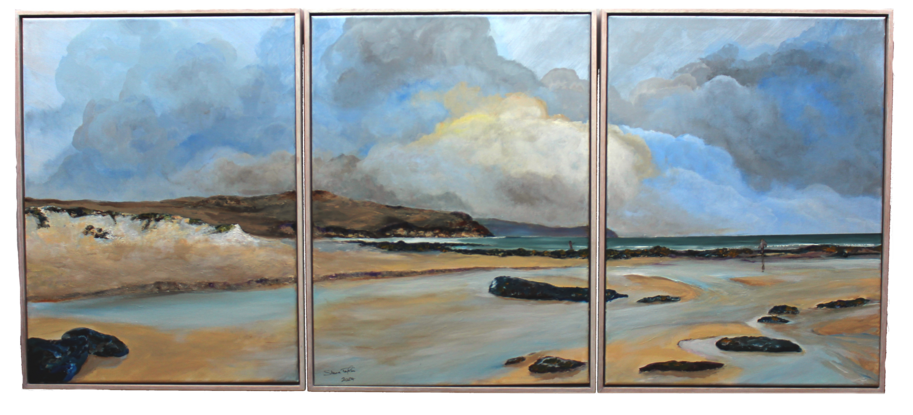 Three panel painting of blue water on a bay with a headland and reef in the distance