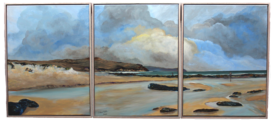 Three panel painting of blue water on a bay with a headland and reef in the distance