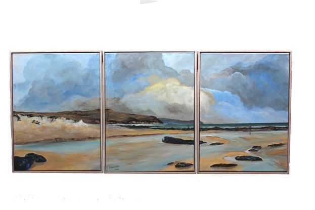 Three panel painting of blue water on a bay with a headland and reef in the distance