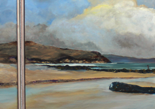 Three panel painting of blue water on a bay with a headland and reef in the distance