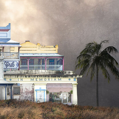 A complex of similar buildings of mid last century  architecture, fused together as one sharing a grassy hill setting and textured moody sky background. Two birds and two palms decorate the hill.