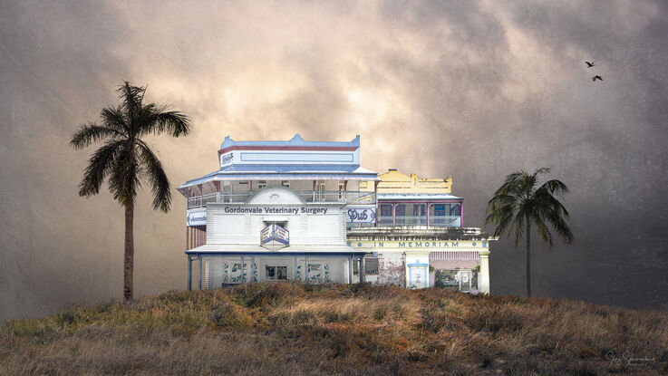 A complex of similar buildings of mid last century  architecture, fused together as one sharing a grassy hill setting and textured moody sky background. Two birds and two palms decorate the hill.