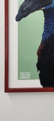 A colorful acrylic painting titled 'I Don’t Ever Want to Meet a Cassowary in Real Life' by Silas Ingles. The painting depicts a cassowary, a large, flightless bird known for its distinctive appearance. The cassowary is shown with a blue face and neck, a prominent bony casque on top of its head, and strikingly bright, round eyes. The bird's body is covered in black feathers, and it has a long, slender neck. The background of the painting features bold, swirling patterns in various bright colors, adding a vibrant and dynamic feel. The cassowary's pose and expression suggest a mix of curiosity and caution, reflecting the artist's fascination and apprehension toward this unique bird.