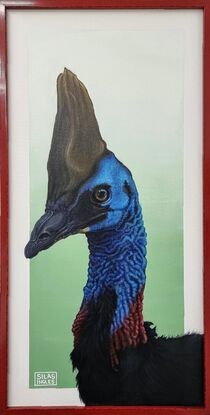 A colorful acrylic painting titled 'I Don’t Ever Want to Meet a Cassowary in Real Life' by Silas Ingles. The painting depicts a cassowary, a large, flightless bird known for its distinctive appearance. The cassowary is shown with a blue face and neck, a prominent bony casque on top of its head, and strikingly bright, round eyes. The bird's body is covered in black feathers, and it has a long, slender neck. The background of the painting features bold, swirling patterns in various bright colors, adding a vibrant and dynamic feel. The cassowary's pose and expression suggest a mix of curiosity and caution, reflecting the artist's fascination and apprehension toward this unique bird.