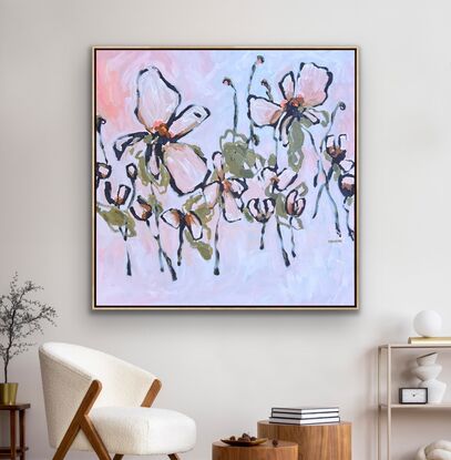 Square canvas, Modern floral in cream, orange, peach, apricot,  greens and earthy tones with chunky paint and textural brushstrokes.