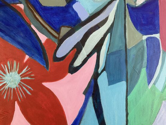 figurative abstract painting, mainly blue with some shades of pink.