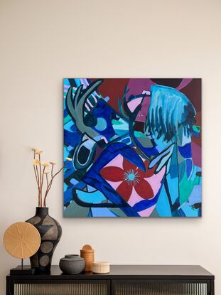 figurative abstract painting, mainly blue with some shades of pink.