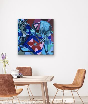 figurative abstract painting, mainly blue with some shades of pink.