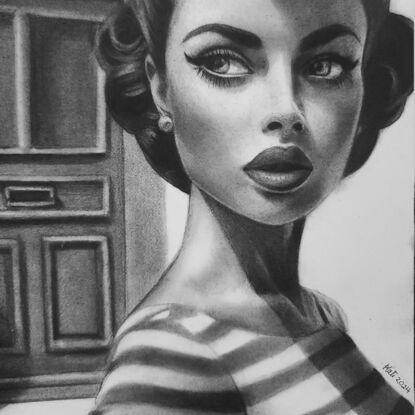 High contrast detailed charcoal  portrait of a beautiful  woman looking behind her as if shes being followed.