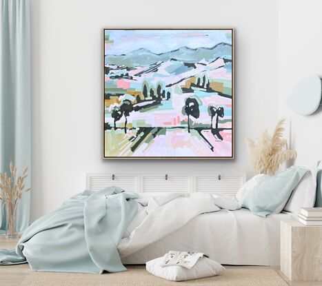 Large framed canvas with a textured landscape scene in pastel tones of orange, pinks, blues and greens. Abstract hills, trees and foliage shapes chunky paint with visible big brushstrokes.