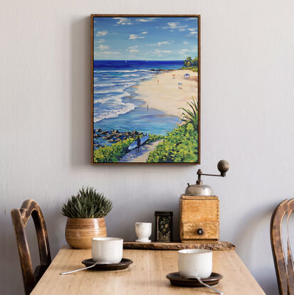 Rainbow Bay Beach original painting by Irina Redine. Rainbow Bay, Coolangatta, Queensland
 Australian beach holidays one of a kind wall art on canvas, ready to hang wall art.