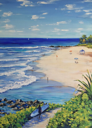 Rainbow Bay Beach original painting by Irina Redine. Rainbow Bay, Coolangatta, Queensland
 Australian beach holidays one of a kind wall art on canvas, ready to hang wall art.