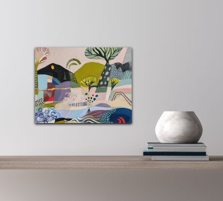 A Whimsical Decorative abstract landscape with  Mountains surrounding a lake.
