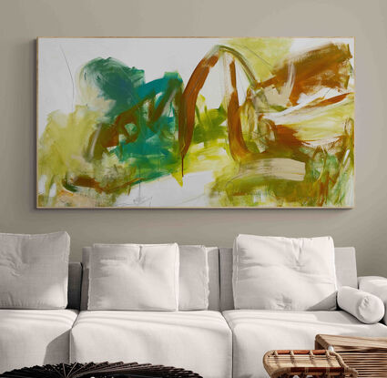 bold marks in grey and green with warm earthy beige, ochre across the canvas suggestive of a tropical seascape and open spaces made from large expressive painterly marks