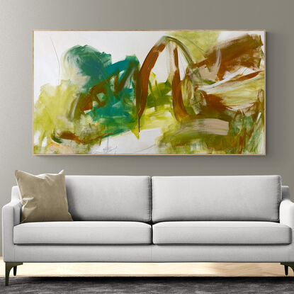 bold marks in grey and green with warm earthy beige, ochre across the canvas suggestive of a tropical seascape and open spaces made from large expressive painterly marks