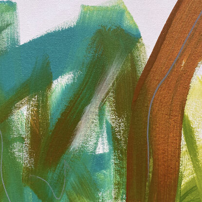 bold marks in grey and green with warm earthy beige, ochre across the canvas suggestive of a tropical seascape and open spaces made from large expressive painterly marks