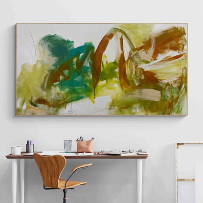 bold marks in grey and green with warm earthy beige, ochre across the canvas suggestive of a tropical seascape and open spaces made from large expressive painterly marks