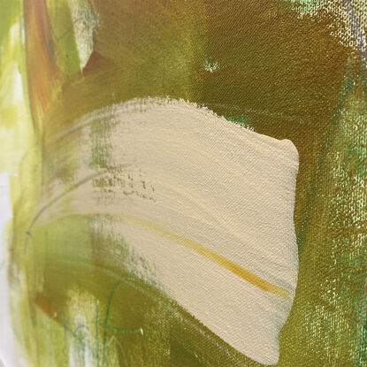 bold marks in grey and green with warm earthy beige, ochre across the canvas suggestive of a tropical seascape and open spaces made from large expressive painterly marks