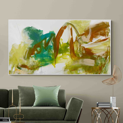 bold marks in grey and green with warm earthy beige, ochre across the canvas suggestive of a tropical seascape and open spaces made from large expressive painterly marks