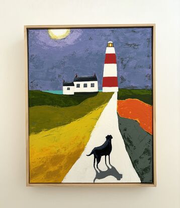 Palette knife painting of a night time scene of a black dog  with shadow walking on a white path in the Irish countryside towards a red and white striped lighthouse next to the coast. There is a white cottage next to the lighthouse and a small glimpse of the aqua coloured sea. The sections of land beside the path are coloured, yellow, olive green, orange and dark green. The sky is coloured lilac purple and grey blue with  a full moon. 