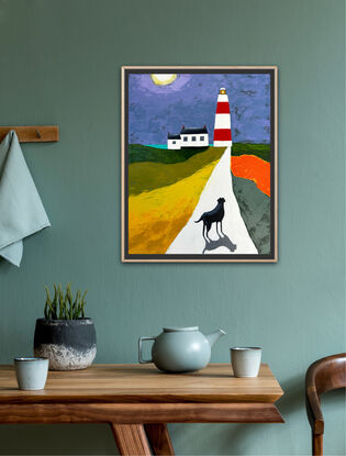 Palette knife painting of a night time scene of a black dog  with shadow walking on a white path in the Irish countryside towards a red and white striped lighthouse next to the coast. There is a white cottage next to the lighthouse and a small glimpse of the aqua coloured sea. The sections of land beside the path are coloured, yellow, olive green, orange and dark green. The sky is coloured lilac purple and grey blue with  a full moon. 