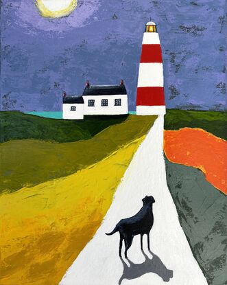 Palette knife painting of a night time scene of a black dog  with shadow walking on a white path in the Irish countryside towards a red and white striped lighthouse next to the coast. There is a white cottage next to the lighthouse and a small glimpse of the aqua coloured sea. The sections of land beside the path are coloured, yellow, olive green, orange and dark green. The sky is coloured lilac purple and grey blue with  a full moon. 