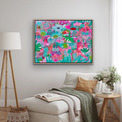 Varied small shapes created with a brush in a multitude of colours creating a myriad landscape of flowers 