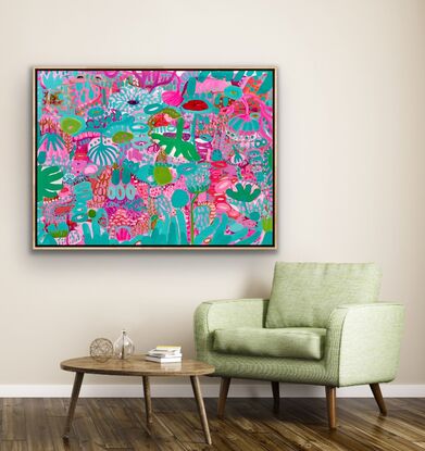 Varied small shapes created with a brush in a multitude of colours creating a myriad landscape of flowers 