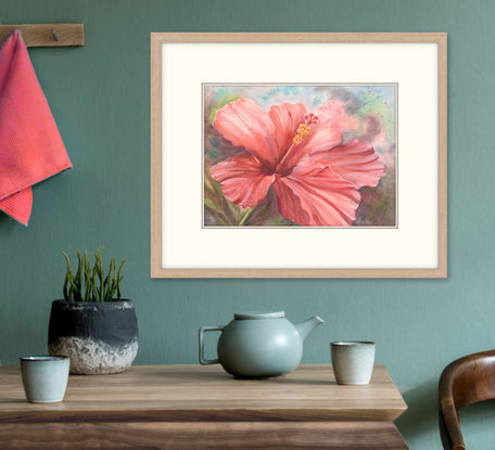 A solitary large single red Hibiscus flower taking up most of the paper with a moody background