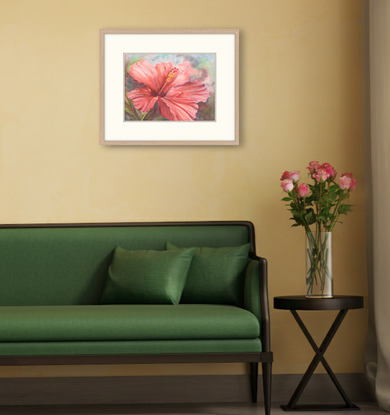 A solitary large single red Hibiscus flower taking up most of the paper with a moody background