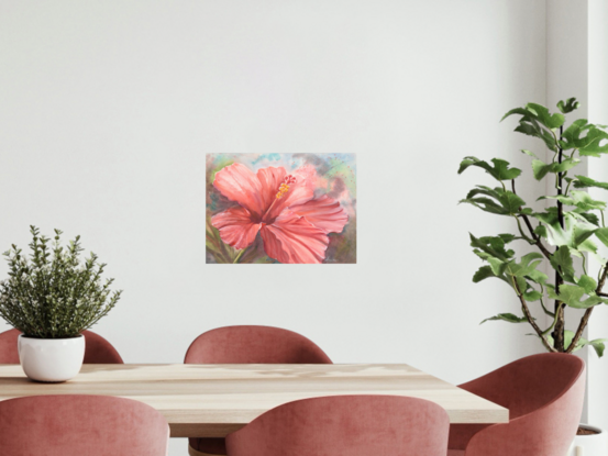 A solitary large single red Hibiscus flower taking up most of the paper with a moody background