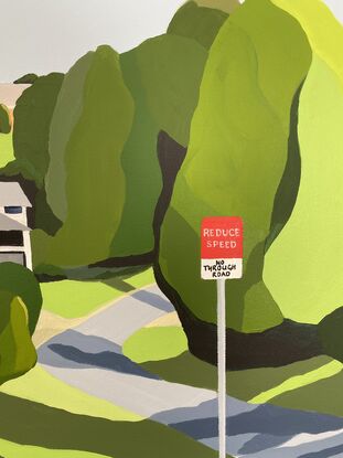 A quiet tree-lined street disappears around a corner. There are shadows across the road from trees and a glimpse of houses in the distance. There is a red and white sign saying REDUCE SPEED and NO THROUGH ROAD.