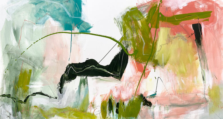 bold textured marks in pink, olive and lime green, white, and  grey pencil expressive marks across a large canvas